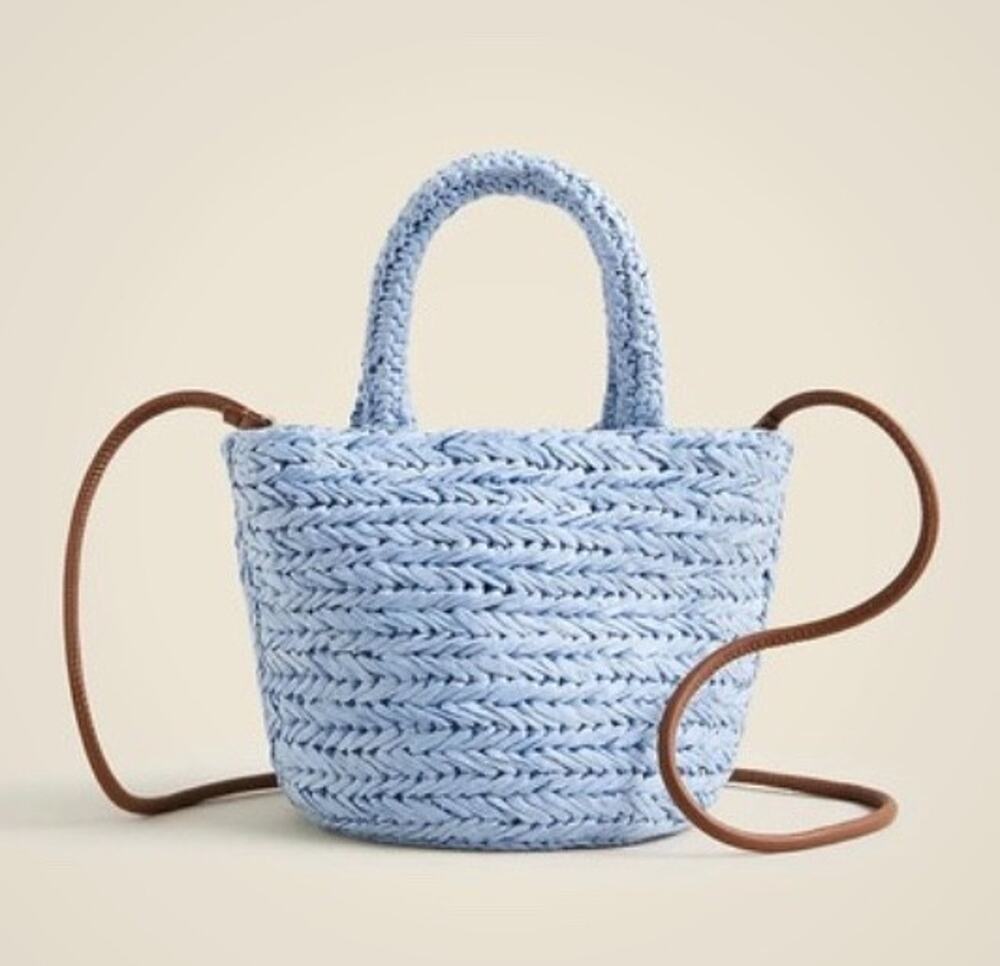 J.Crew New Small Malta handwoven Straw bag Light blue with crossbody strap